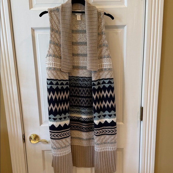 Chico's Beige and Navy Patterned Cardigan Vest - Picture 1 of 7